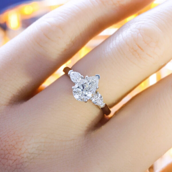 Three Stone Pear shape Diamond Engagement Ring - Image 4